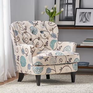 Tafton White/Blue Floral Fabric Club Chair with Tufted Cushions (Set of 1)