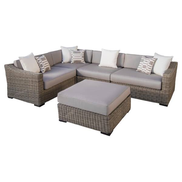 RST Brands Resort 5-Piece Wicker Patio Sectional and Ottoman Seating Set with Weathered Grey/Frank Stone Cushions