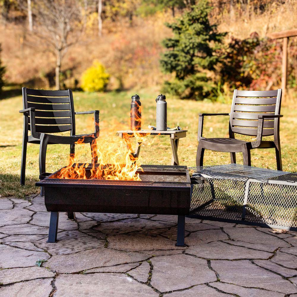 Black Steel Outdoor Fire Pit with Grill and Spark Screen