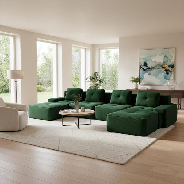 TITK 152.8 in. Track Arm 5-Piece Corduroy Modular Sectional Sofa with Deep Seat and 2 Movable Ottomans in. Hunter Green