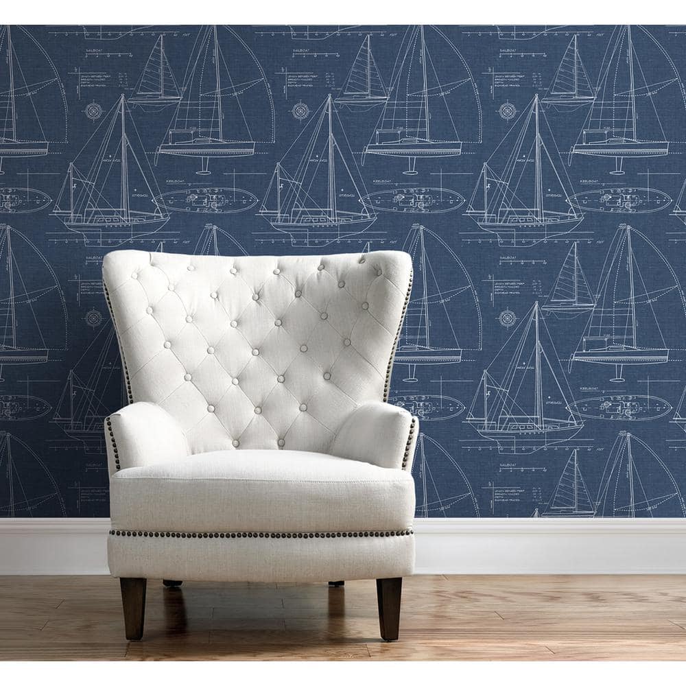Navy Blue Nautical Blueprint Peel and Stick Wallpaper