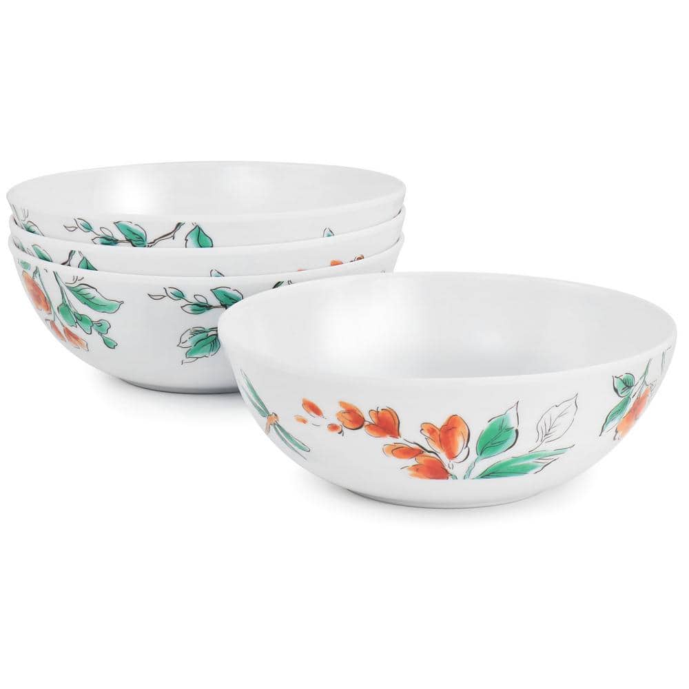 White Floral Dragonfly Melamine Dinnerware Set, Service for 4