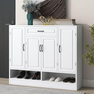 47.2 in. H x 39.4 in. W White Wood 4-Door Shoe Storage Cabinet with Drawer and Open Shelf, Shoe Cabinet for Entryway