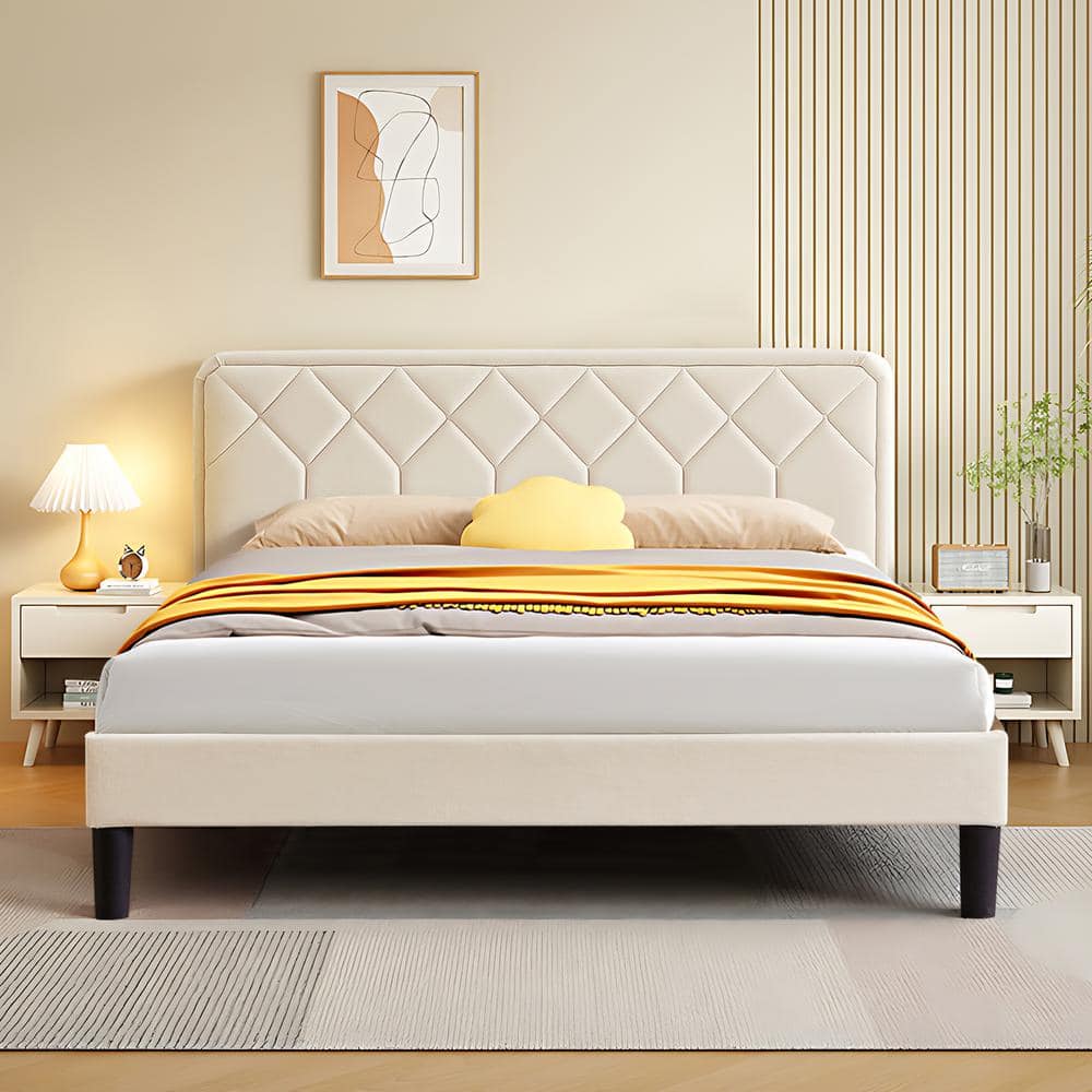 VECELO Bed Frame With Upholstered Headboard, Beige Metal Frame Queen ...