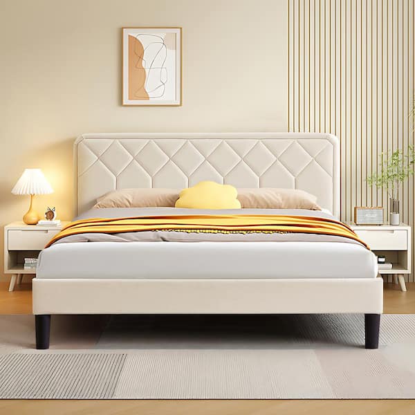 VECELO Bed Frame With Upholstered Headboard, Beige Metal Frame Queen ...