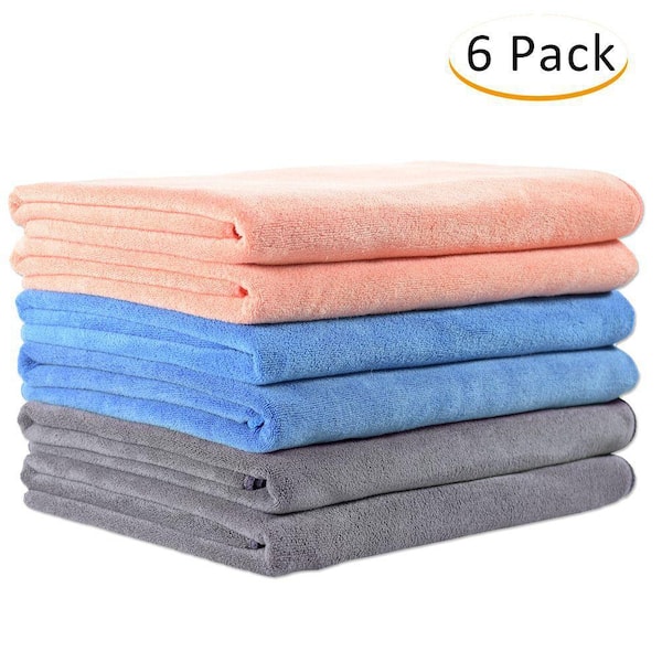 6 Pack Peach/Blue/Grey Microfiber Bath Towel, Extra Absorbent, Fast Drying Bath Towel Sets