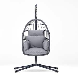 1-Piece Metal Frame Outdoor Recliner Patio Foldable Hanging Swing Chair with Stand, Gray Cushion