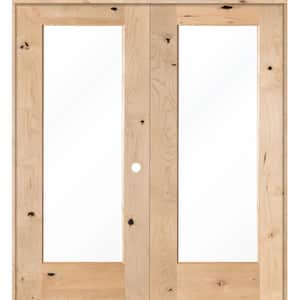 72 in. x 80 in. Rustic Knotty Alder 1-Lite Clear Glass Left Handed Solid Core Wood Double Prehung Interior Door