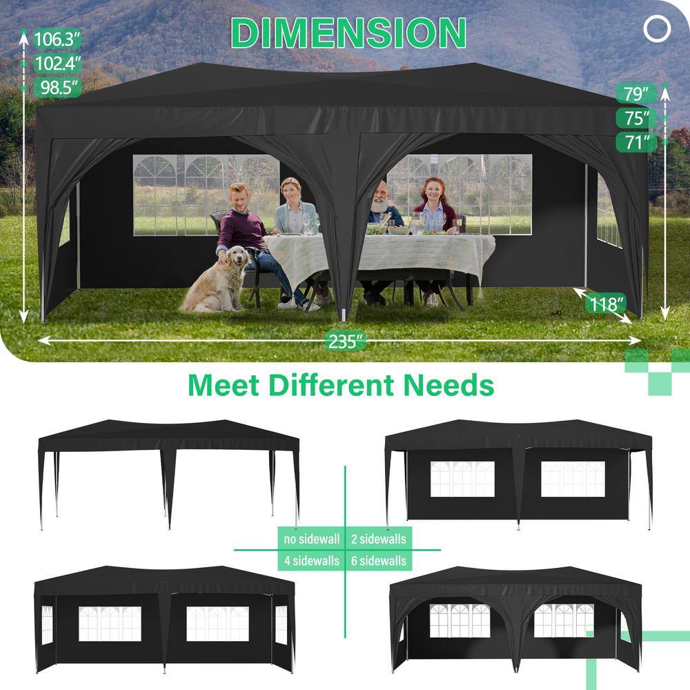 10 ft. x 20 ft. Black Steel Frame Pop-Up Canopy Tent with Adjustable Height and Sidewalls