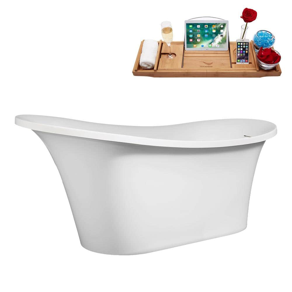 60" Glossy White Acrylic Freestanding Double Slipper Tub with Brushed Nickel Drain