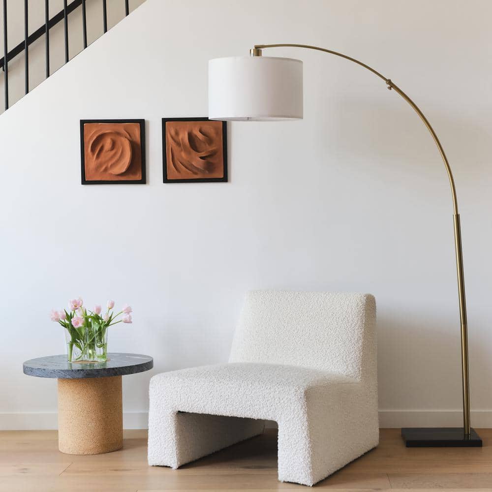 Antique Brass Arc Floor Lamp with Fabric Shade
