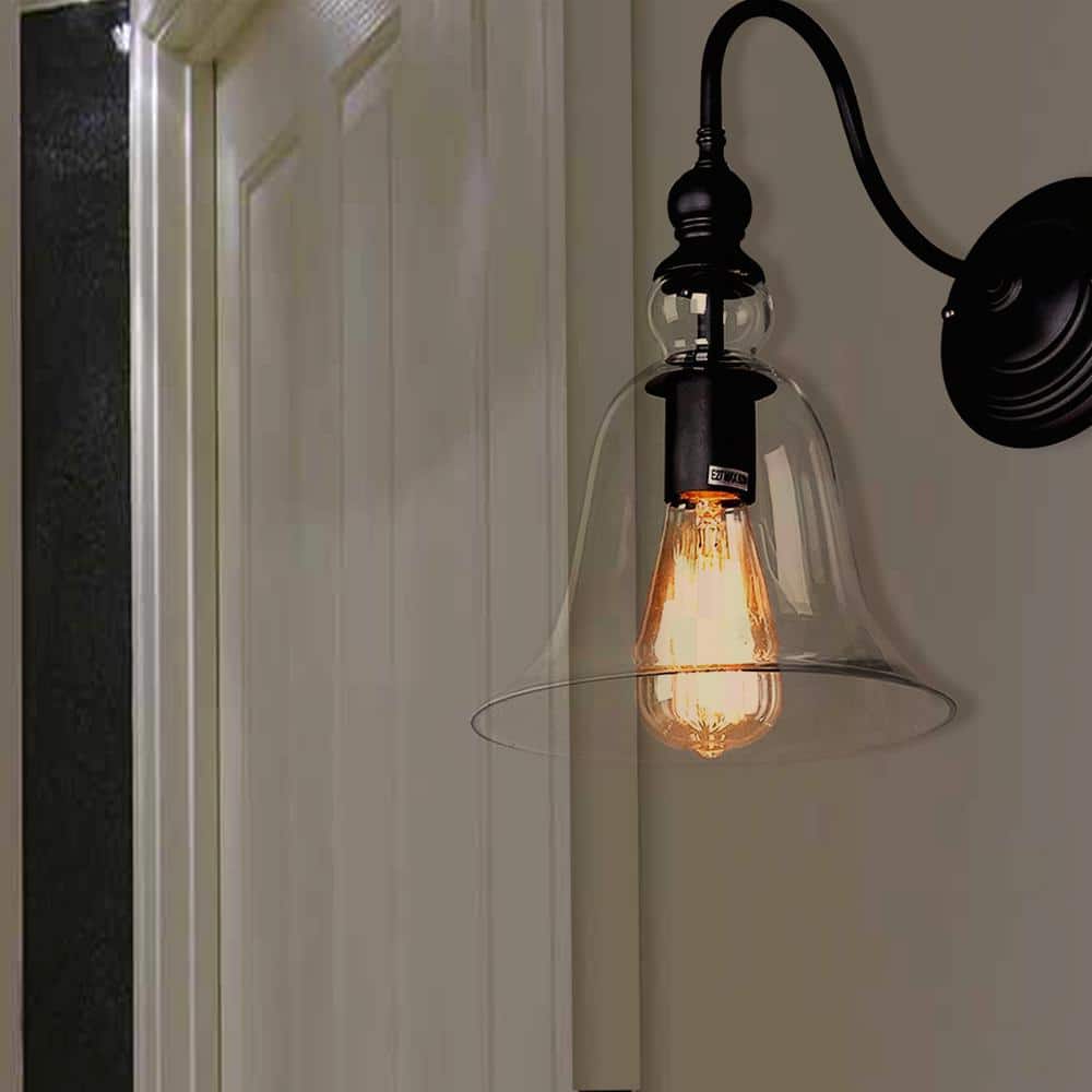 Black Metal Gooseneck Wall Sconce with Clear Glass Shade
