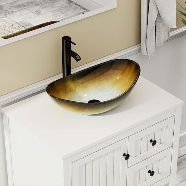 30 in. W x 20 in. D x 32 in. H Single Sink Freestanding White Bath Vanity with Champagne Oval Glass Vessel Sink Top