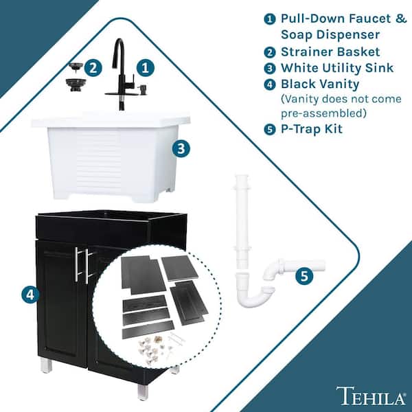 TEHILA 18 Gallon Freestanding Laundry Sink with Black Faucet & Cabinet