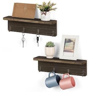 Rustic Wall Mounted Wood Shelf Set of 2 Hanging Storage Shelves with 4 Hooks, Rustic Brown