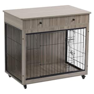 38.4 in. Heavy-Duty Gray Chew-Proof Dog Crate Furniture, Wooden Dog House, Decorative Dog Kennel with 2 Drawers