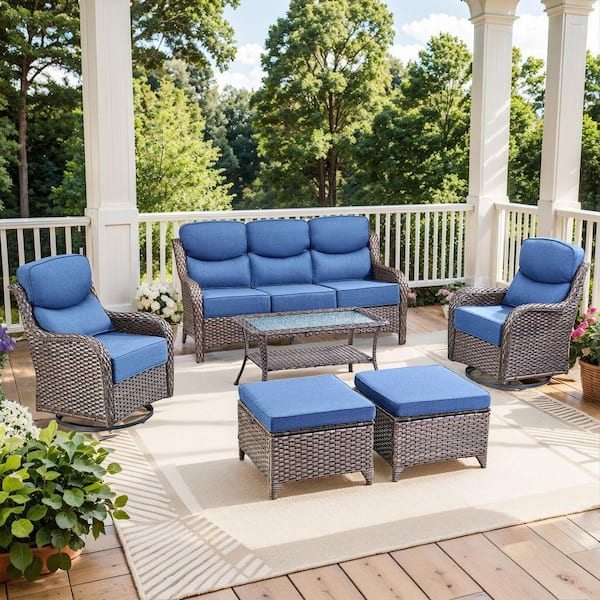 NovaSwivel Brown 6-Piece Patio Conversation Set Outdoor Sectional Sofa With 6 in. Thick Blue Cushions and Swivel Glider