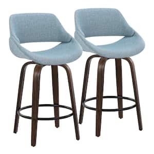 Fabrico 26 in. Blue Noise Fabric, Walnut Glazed Wood and Black Metal Fixed-Height Counter Stool (Set of 2)