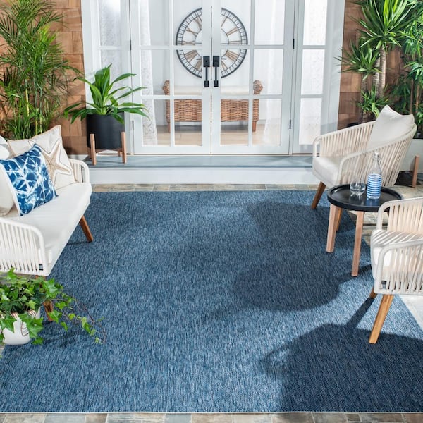 Courtyard Navy 9 ft. x 9 ft. Coastal Ikat Solid Indoor/Outdoor Patio Square Area Rug