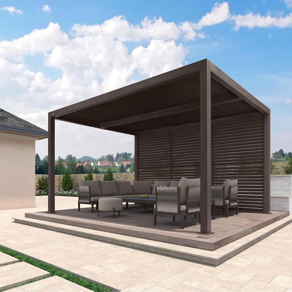10 ft. x 14 ft. Bronze Aluminum Louvered Pergola with 2 Adjustable Rainproof Roofs and 1-Long Side Fixed Shutter Wall