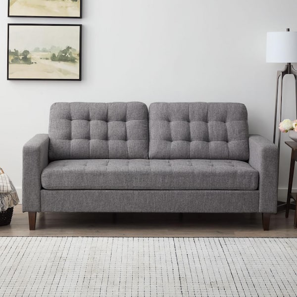Brookside Brynn 76 in. Light Gray Polyester Upholstered 3-Seat Square Arm Sofa with Removable Cushions and Buttonless Tufting