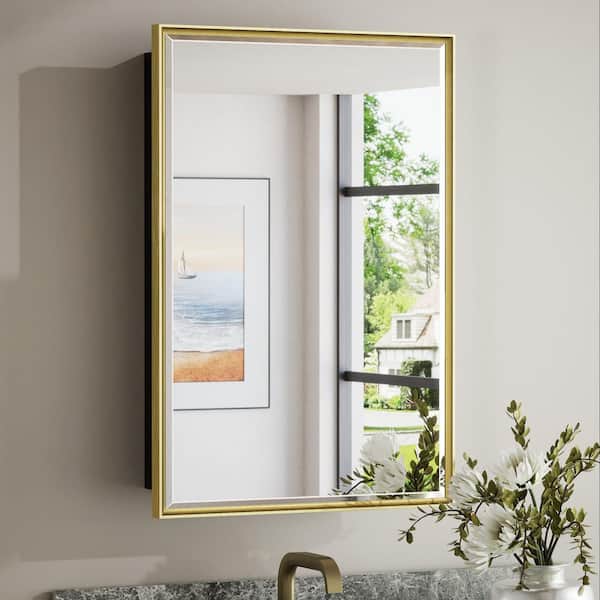 17 in. W x 25 in. H Rectangular Gold Metal Framed Beveled Surface Mount/Recessed Medicine Cabinet with Mirror