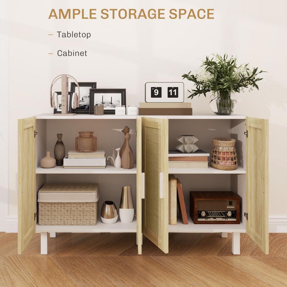 White and Natural Rattan 134 cm Sideboard Buffet Cabinet