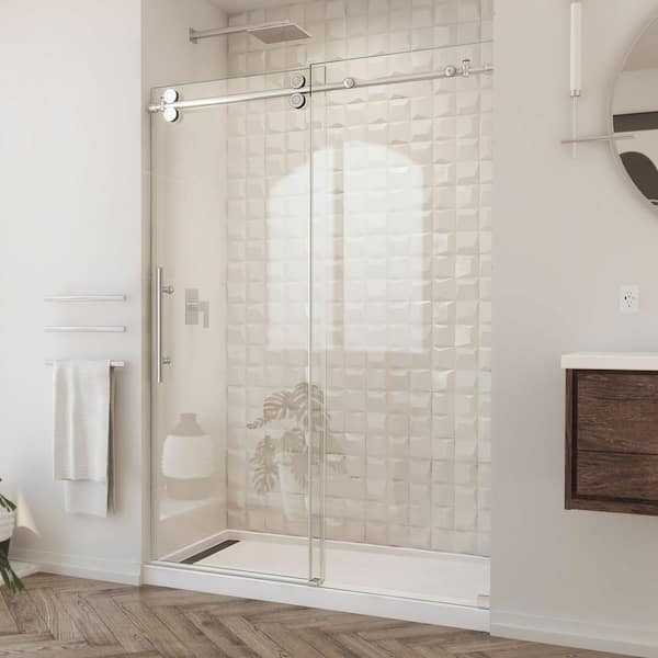 Enigma-XO 50-54 in. W x 76 in. H Fully Frameless Sliding Shower Door in Brushed Stainless Steel