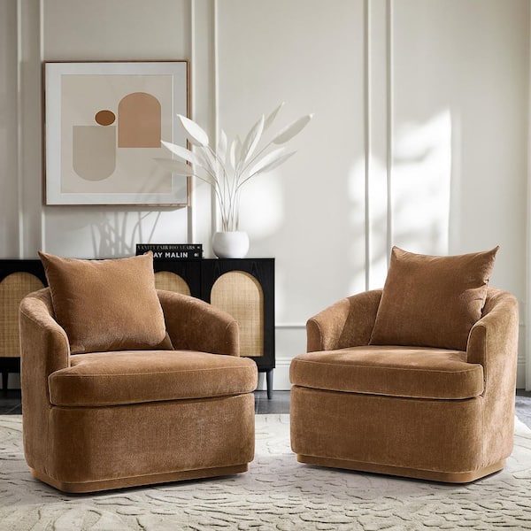 Irene Caramel Polyester Swivel Armchair with Solid Wood Legs (Set of 2)