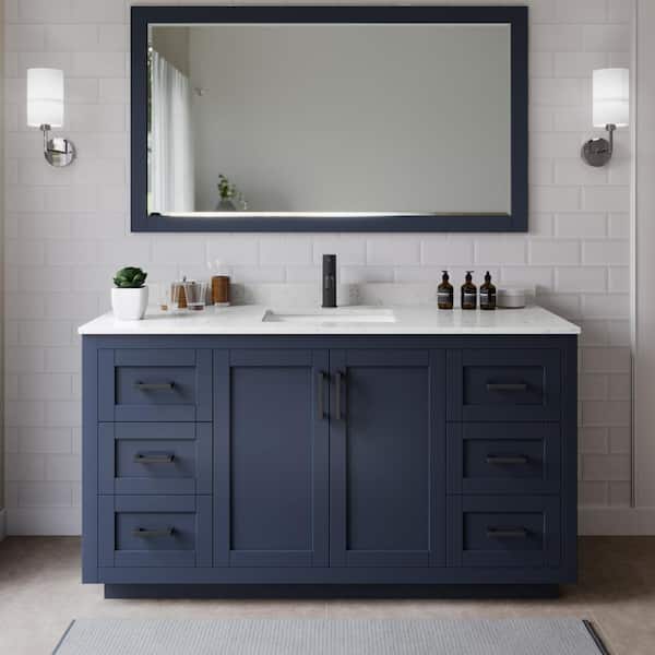 Wyndham Collection Miranda 66 in. W x 22 in. D x 33.75 in. H Single Sink Bath Vanity in Dark Blue with Carrara Cultured Marble Top & Mirror