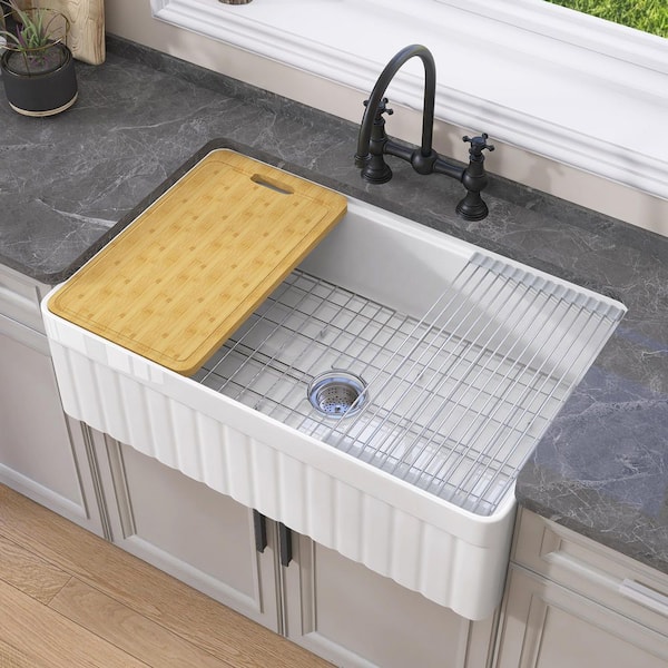 Getpro Undermount Workstation Sink White Fireclay Apron Front Farm Undermount Kitchen 33 in. Sink Single Bowl with Accessories
