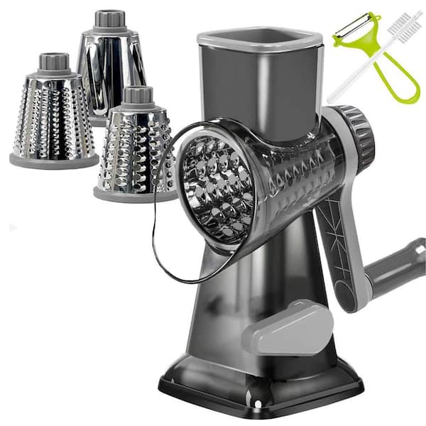 Gray Rotary Cheese Grater with Handle and Suction Base for Shredding, Slicing, Fine and Coarse Grating