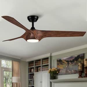 56 in. Indoor Black Modern LED Ceiling Fan with Remote Control, Reversible DC Motor and 3 Brown Wood Grain ABS Blades