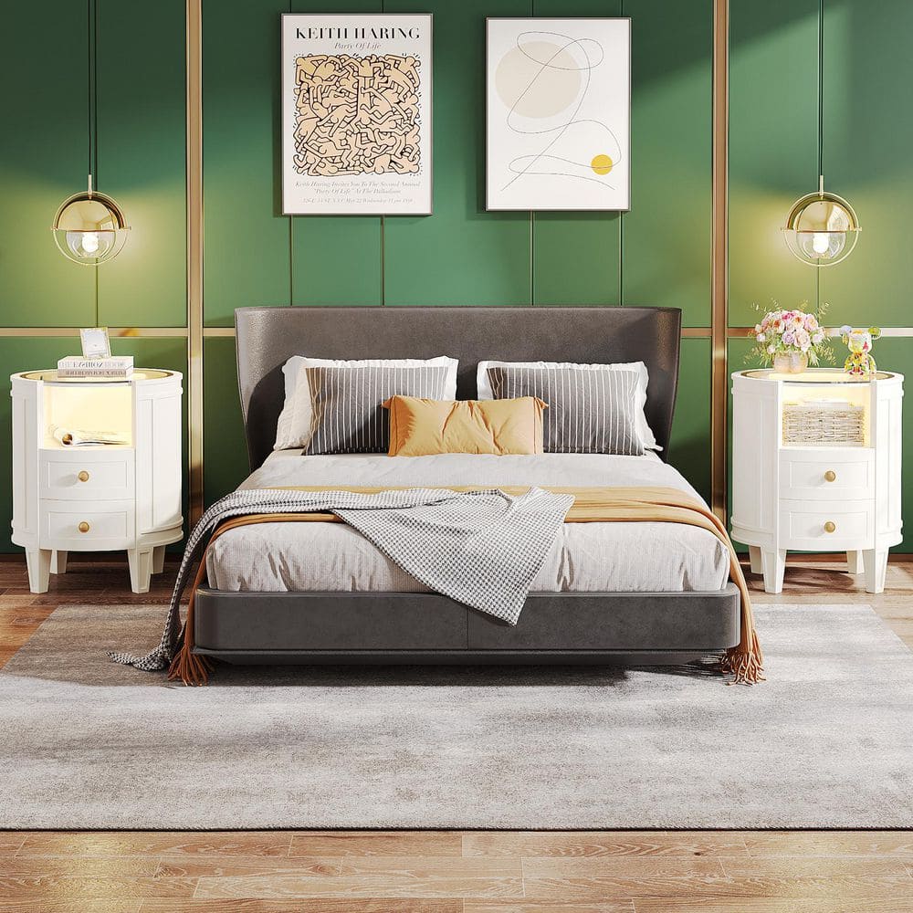 Fenley White 2 Drawers Oval Nightstand with LED and Shelf, Modern Bedside Table Night Stand for Bedroom, 2PCS