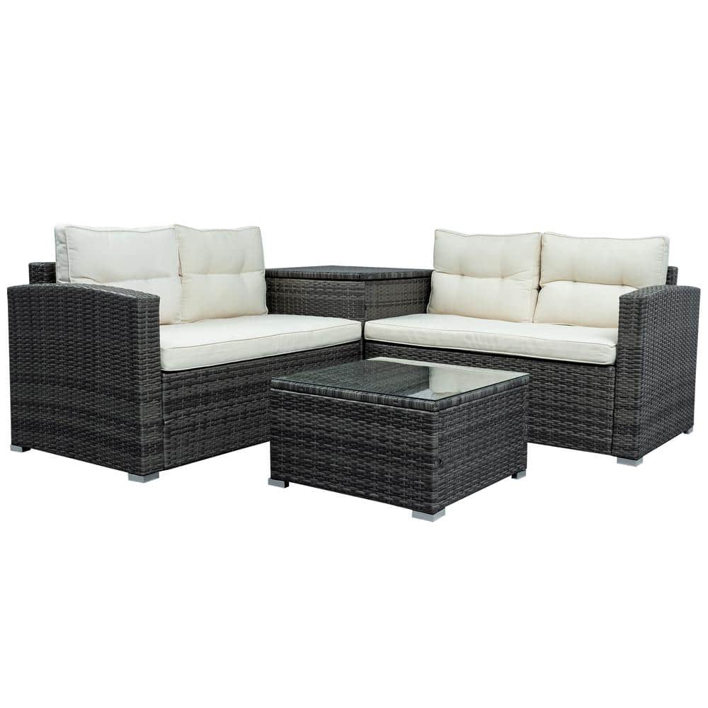 Gray 4-Piece Wicker Outdoor Sectional Set with Beige Cushions