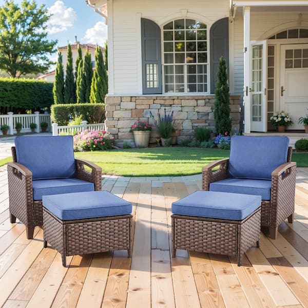 Kelsey Blue 4-Piece All-Weather Brown Wicker Outdoor Lounge Chairs with Ottomans