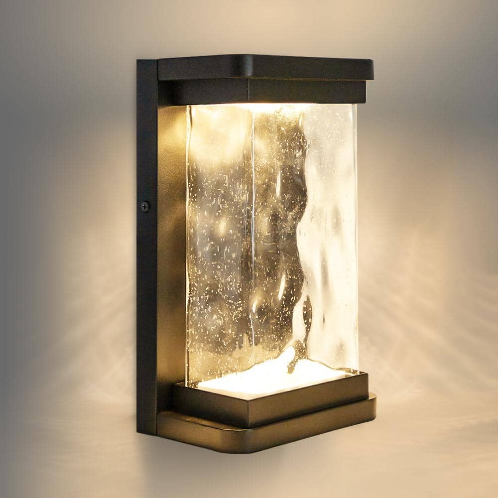 Modern Matte Black LED Outdoor Wall Lantern with Seeded Glass
