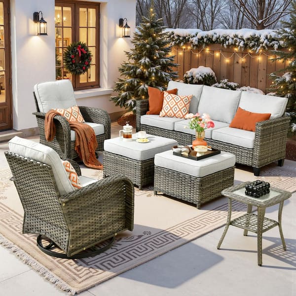 Toject Daphne 6-Piece Wicker Patio Conversation Sofa Seating Swivel Rocking Chairs Set with Ottomans and Light Gray Cushions