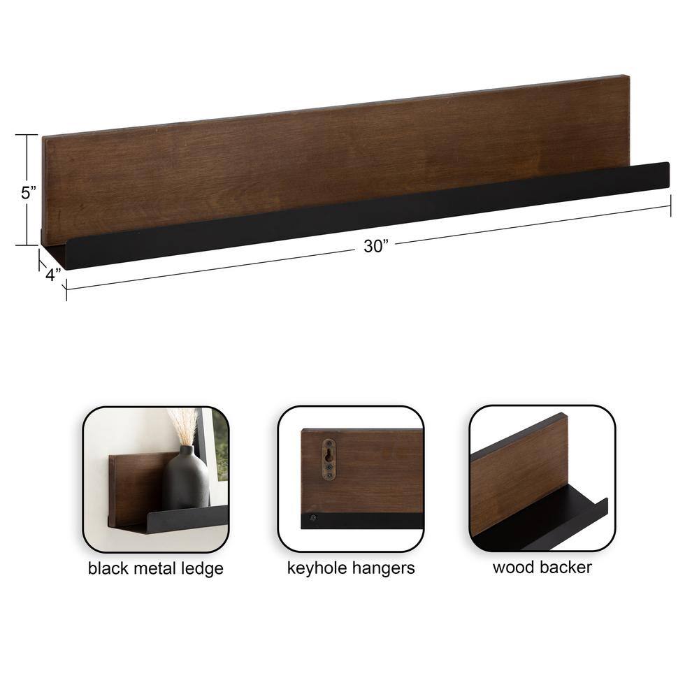 Walnut Brown and Black Wood Floating Wall Shelf with Lip, 30x4