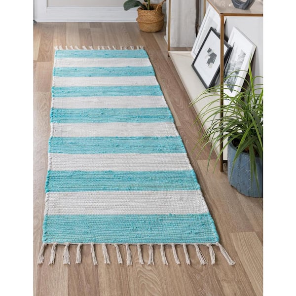 Chindi Rag Striped Turquoise and Ivory 2' 7 x 12' 0 Area Rug