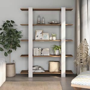 62.4 in. White/Walnut Wood 5-shelf Etagere Bookcase with Open Back