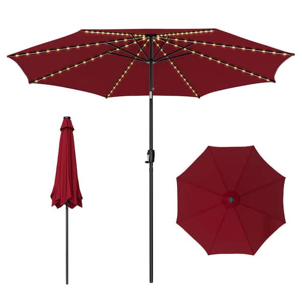 Gymax 10 ft. Solar Patio Umbrella 112 LED Lighted Umbrella Outdoor Table Market Umbrella in Wine