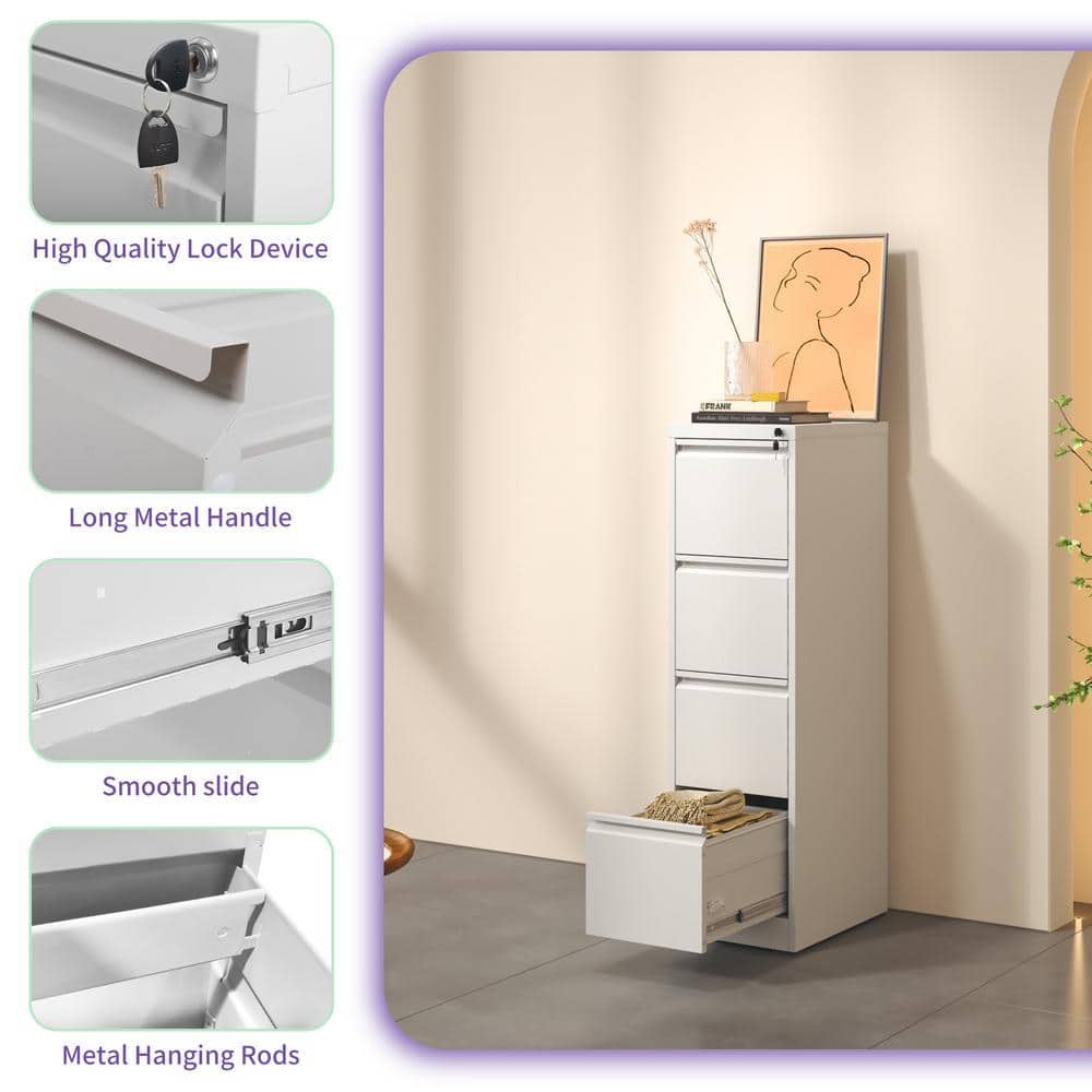 Collage showing a white file cabinet and close-ups of its lock, handle, slides, and hanging rods.