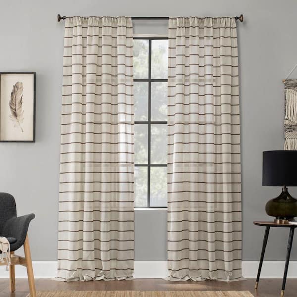 CLEAN WINDOW Aso Twill Stripe Linen Blend 52 in. W x 63 in. L Sheer Rod Pocket Curtain Panel in Mocha/Linen