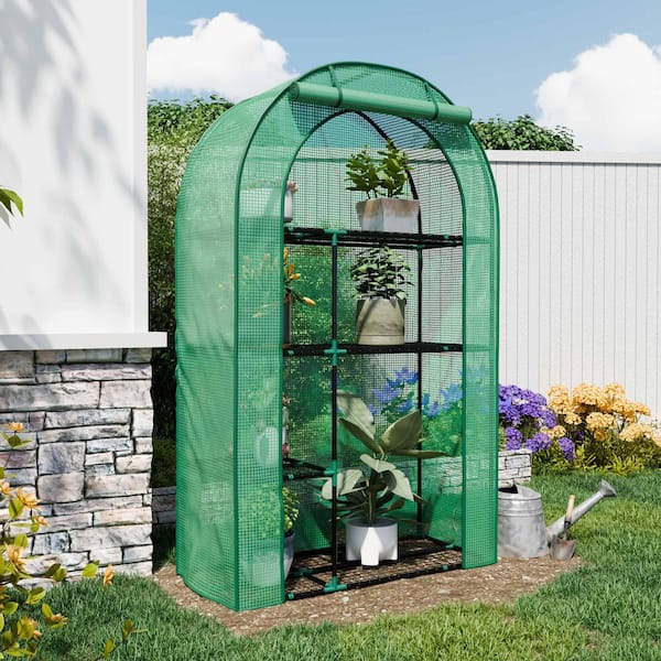 38.4 in. W x 17.3 in. D x 62.6 in. H Iron Frame & PE Cover Portable 4-Tier Green Mini Greenhouse with Roll-Up Door
