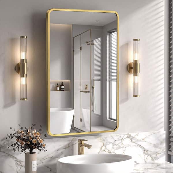 24 in. W x 36 in. H Recessed Rectangular Metal Framed Bathroom Medicine Cabinets with Mirror in Brushed Gold