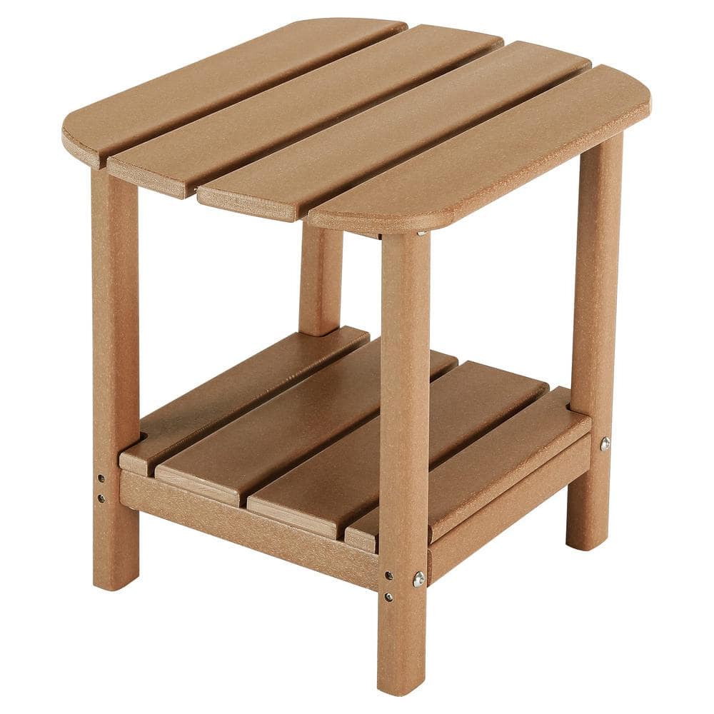 Waterproof Double Tier Teak Oval HDPE Plastic 18 in. Outdoor Side Table