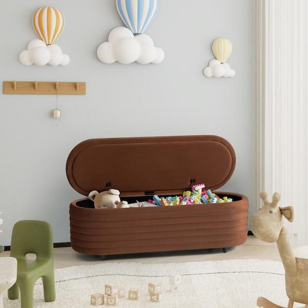Farrah 54 in. Wide Oval Velvet Upholstered Entryway Flip Top Storage Bedroom Accent Bench in Brown