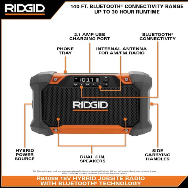 RIDGID 18V Hybrid Jobsite Radio with Bluetooth Wireless Technology (Tool  Only) R84087 - The Home Depot