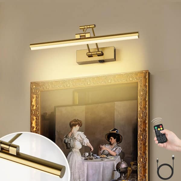 Brass 16 in. LED Picture Light with Remote Control Dimmable and Swivel